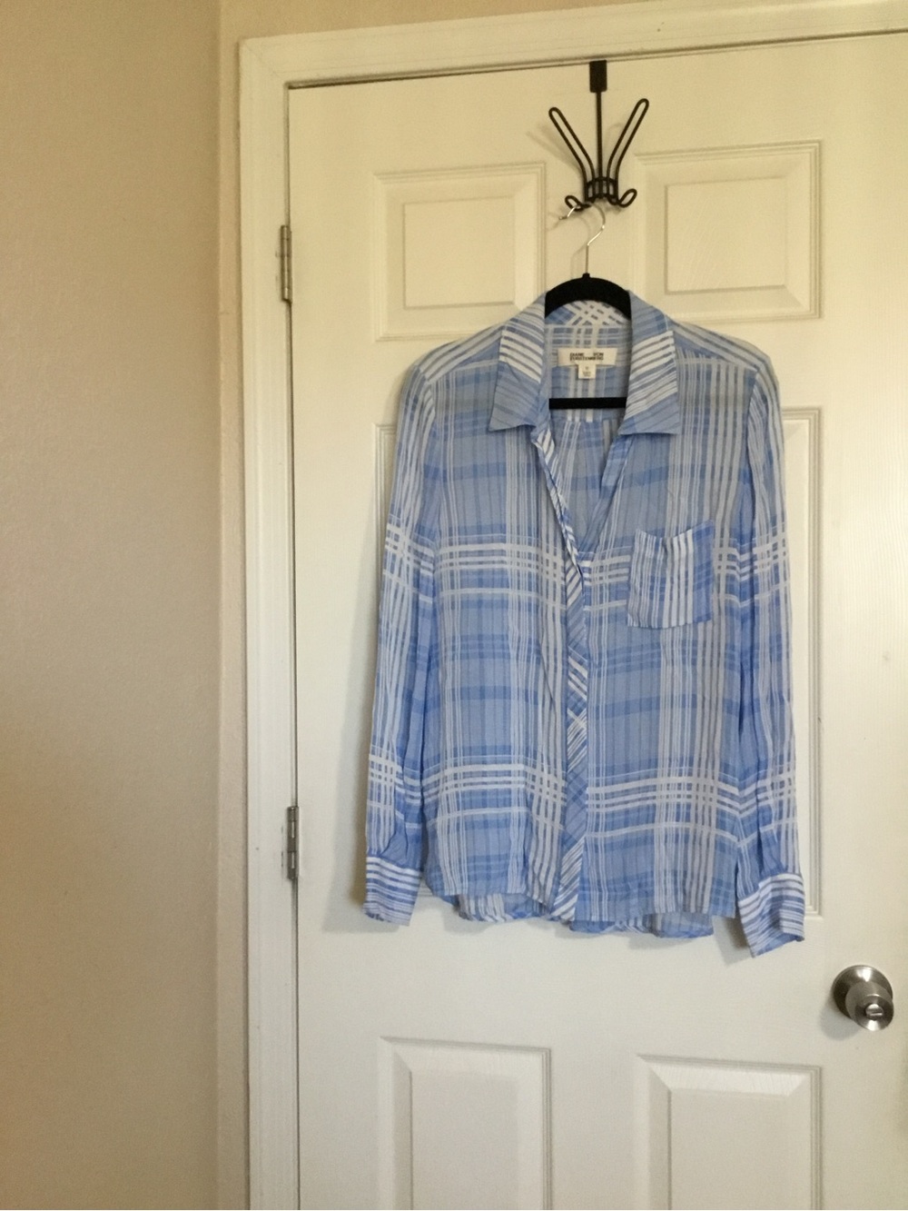 Diane Von Furstenberg Carter Blouse Womens 10 Blue White Plaid Button Front
